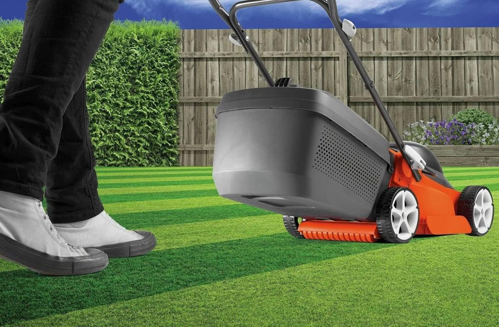 Flymo EasiStore 380R Electric Rotary Lawn Mower - 38 cm Cutting Width, 45 Litre Grass Box, Close Edge Cutting, Rear Roller, Central Height Adjust, Space Saving Storage Features