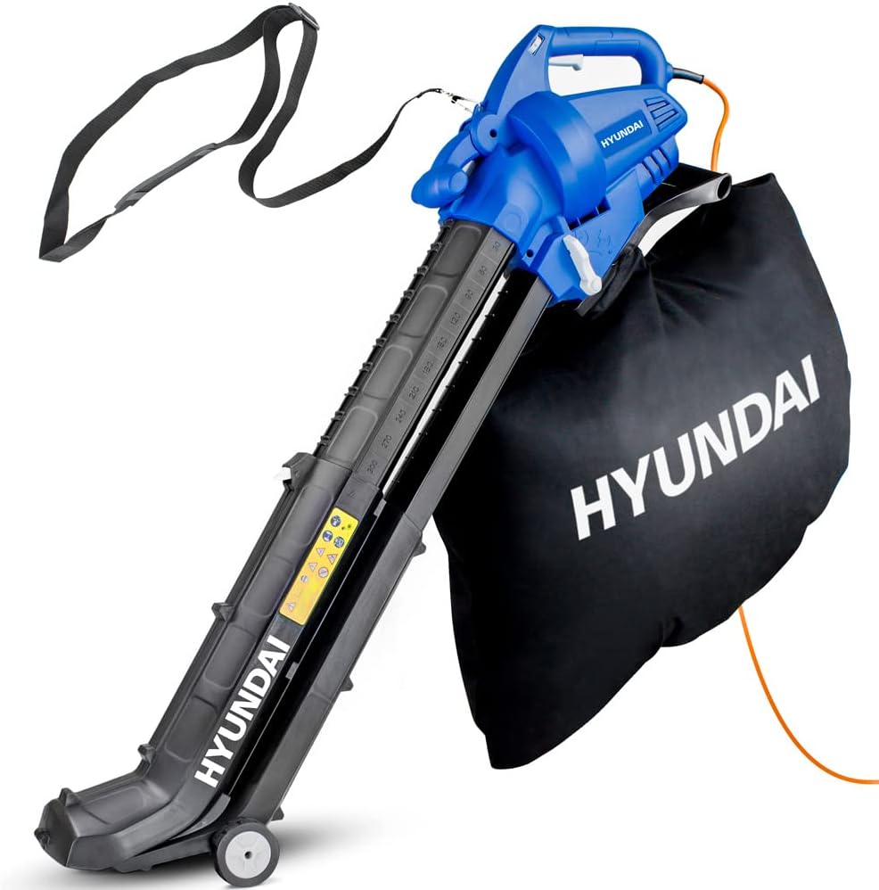 Hyundai HYM3800E 1600W 230V Corded Electric Rotary Lawnmower With Rear Roller, 38cm Cutting Width, Mulching, 30L Grass Box, 5 Cutting Heights, 10M Power Cable, Blue