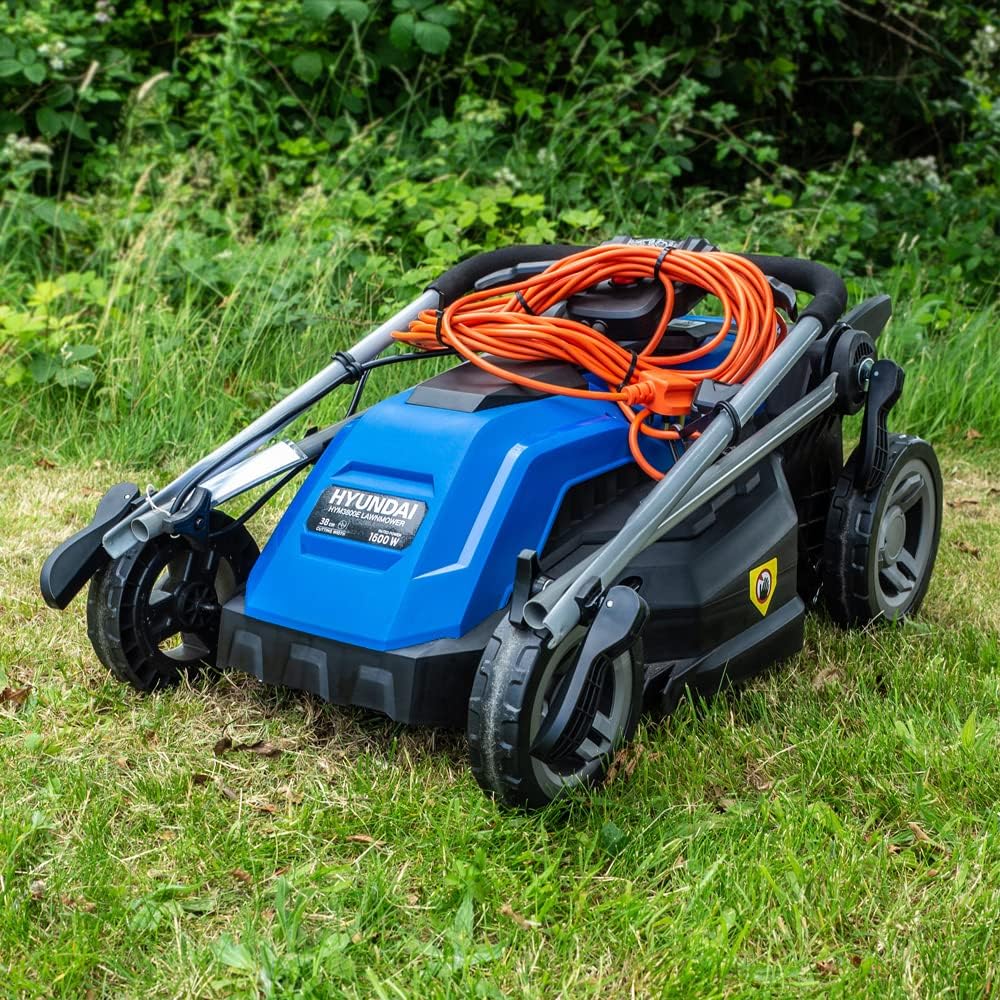 Hyundai HYM3800E 1600W 230V Corded Electric Rotary Lawnmower With Rear Roller, 38cm Cutting Width, Mulching, 30L Grass Box, 5 Cutting Heights, 10M Power Cable, Blue