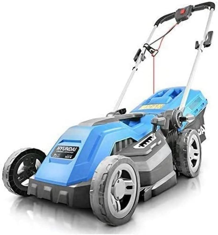 Hyundai HYM3800E 1600W 230V Corded Electric Rotary Lawnmower With Rear Roller, 38cm Cutting Width, Mulching, 30L Grass Box, 5 Cutting Heights, 10M Power Cable, Blue