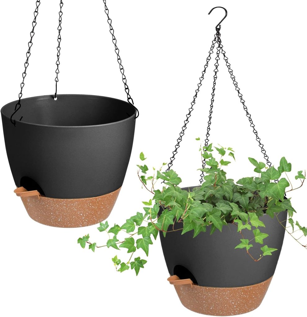 10 Inch Hanging Planter, 2 Pack Plant Hanger Indoor Outdoor, Self Watering Plant Pot Hanging Baskets Holder Plants with Drainage Holes Removable Tray for Garden Home (Black)