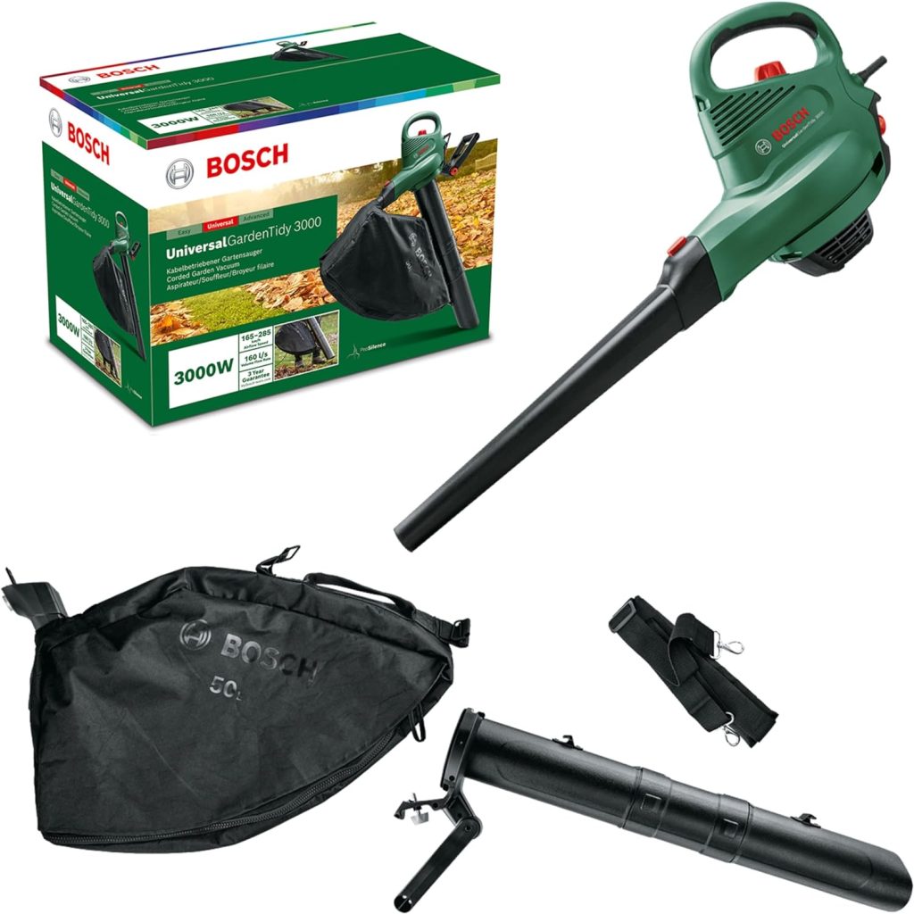 Bosch Home and Garden Electric Leaf Blower and Vacuum UniversalGardenTidy 3000 (3000 W, collection bag 50 l,variable speed,for blowing, vacuuming shredding leaves, Weight: 4.7 kg, in carton packaging)