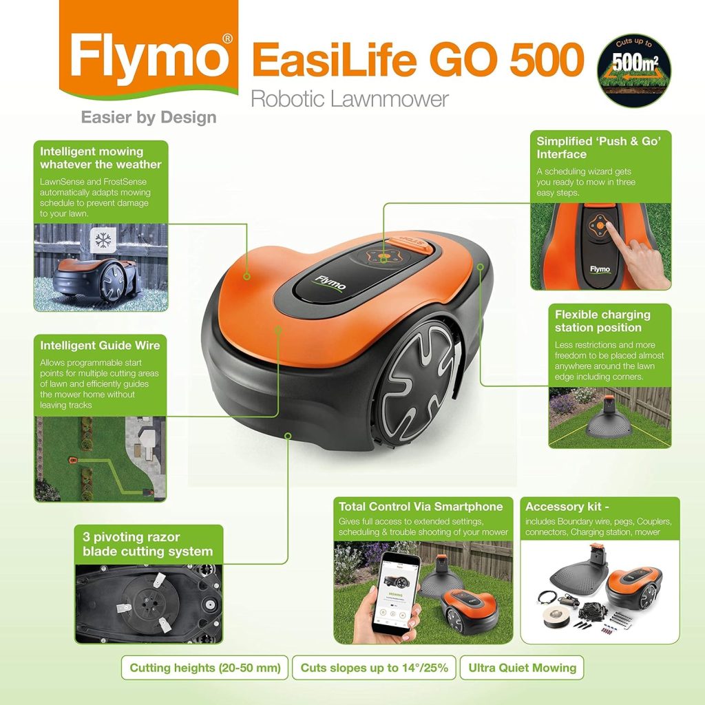 Flymo EasiLife GO 400 Robotic Lawn Mower for the perfect manicured lawn. Easy set-up and installation. Convenient app control. Quietly Safely cuts up to sqm, orange and grey, 400m2