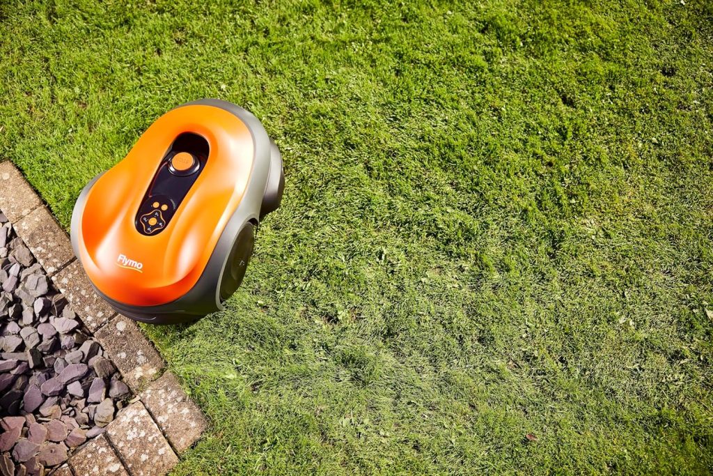 Flymo EasiLife GO 400 Robotic Lawn Mower for the perfect manicured lawn. Easy set-up and installation. Convenient app control. Quietly Safely cuts up to sqm, orange and grey, 400m2