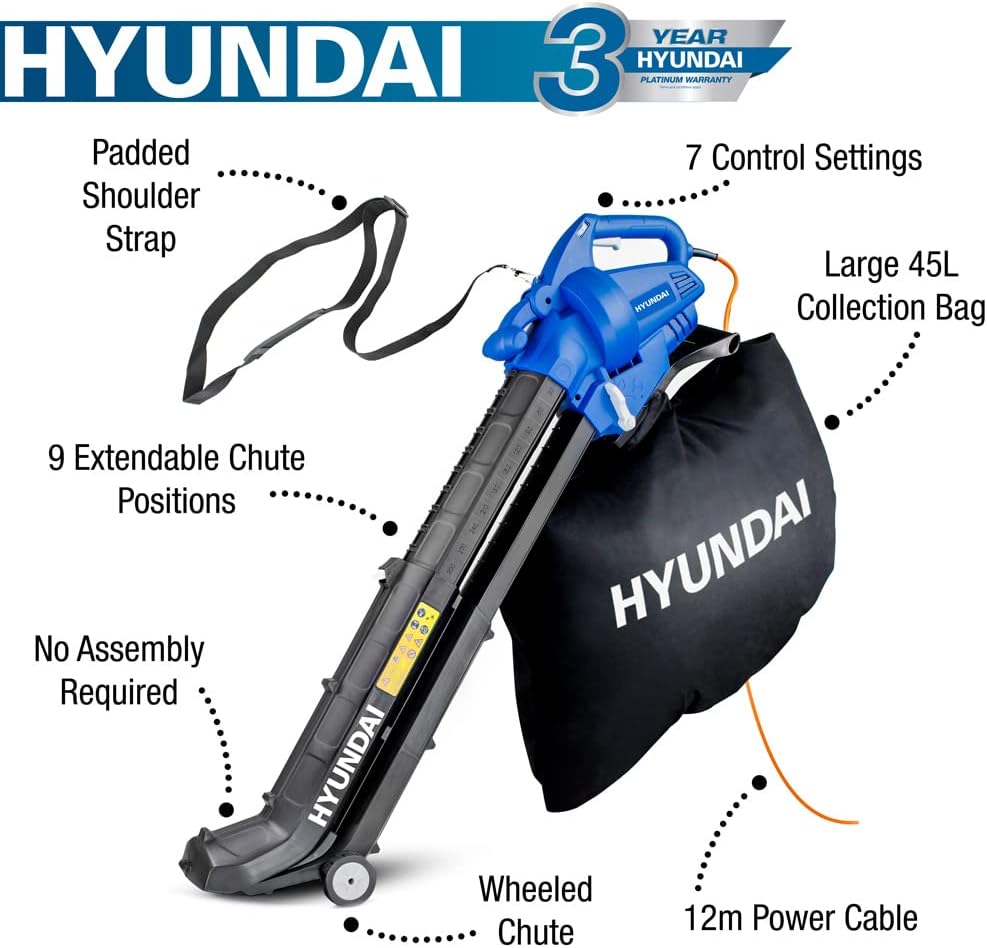 Hyundai Leaf Blower, Garden Vacuum Mulcher with Large 45 Litre Collection Bag, 12m Cable, 62-170mph Variable Airspeed, Powerful 3000w 3 Year Warranty