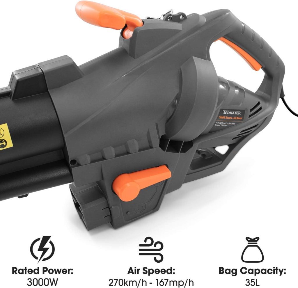 Terratek Corded Leaf Blower and Garden Vacuum 3000W, 3 in 1 Lightweight Mulcher, Leaf Blower and Vacuum, 35L Garden Blowers Collection Bag, 10m Cable, Wheels  Shoulder Strap Included