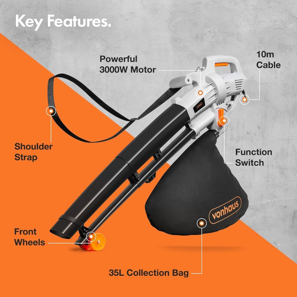 VonHaus Leaf Blower and Vacuum 3000W – Leaves Collector, Clear Gardens, Patios, Gutters, Driveways More – Lightweight, 10m Cable, Shoulder Strap, Wheels, 35L Collection Bag – 3 Year Warranty