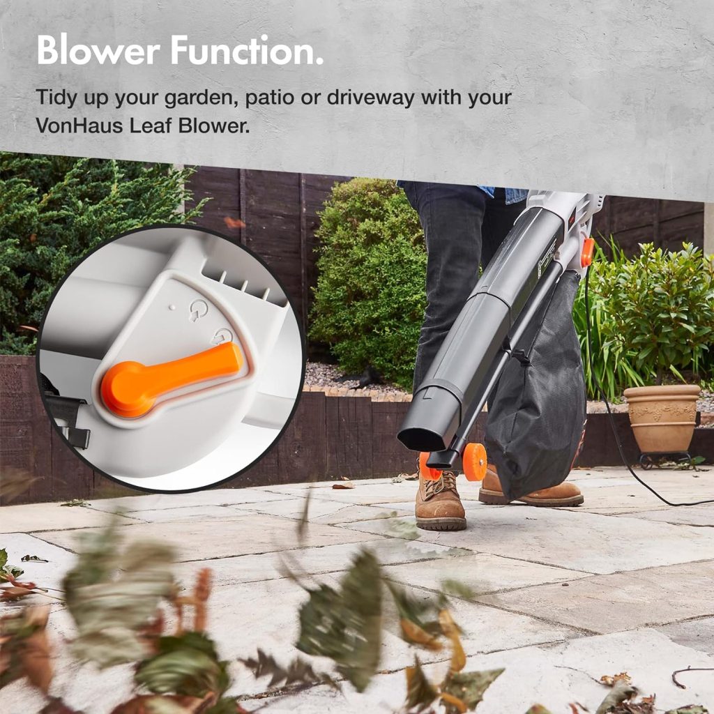 VonHaus Leaf Blower and Vacuum 3000W – Leaves Collector, Clear Gardens, Patios, Gutters, Driveways More – Lightweight, 10m Cable, Shoulder Strap, Wheels, 35L Collection Bag – 3 Year Warranty