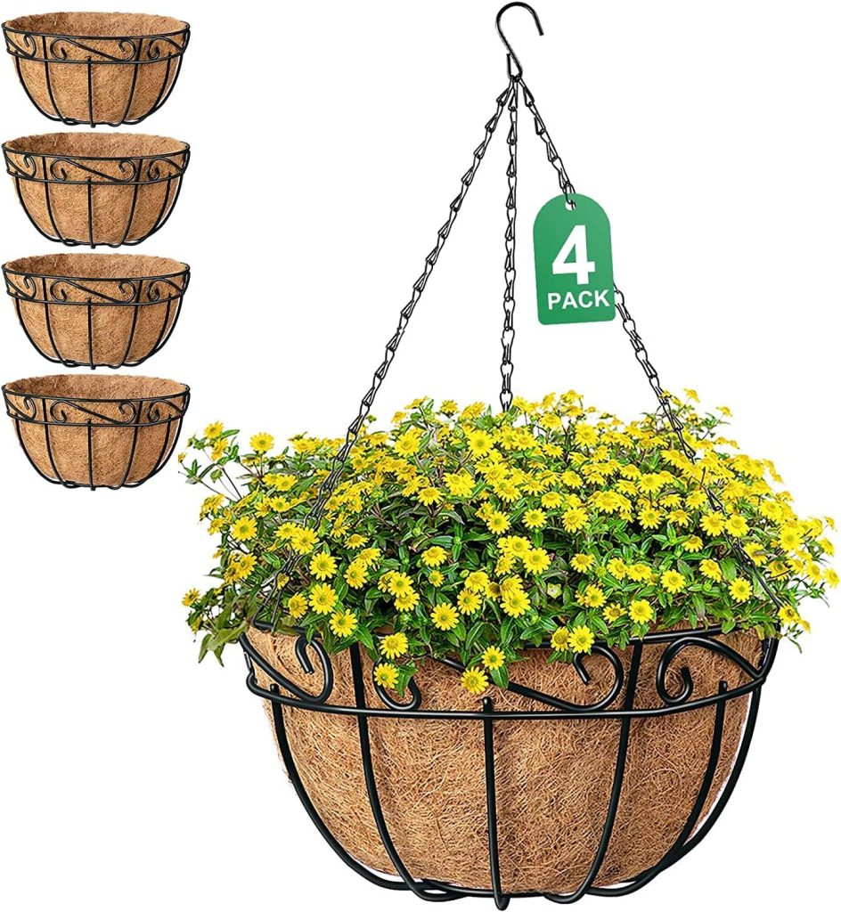 AMAGABELI GARDEN  HOME 4 Pack 14 Inch Hanging Baskets Planter for Flowers Round Outdoor Indoor Pots Holder Hanger Metal with Coco Liner Chain Large Artificial Plants Decoration Black Basket14