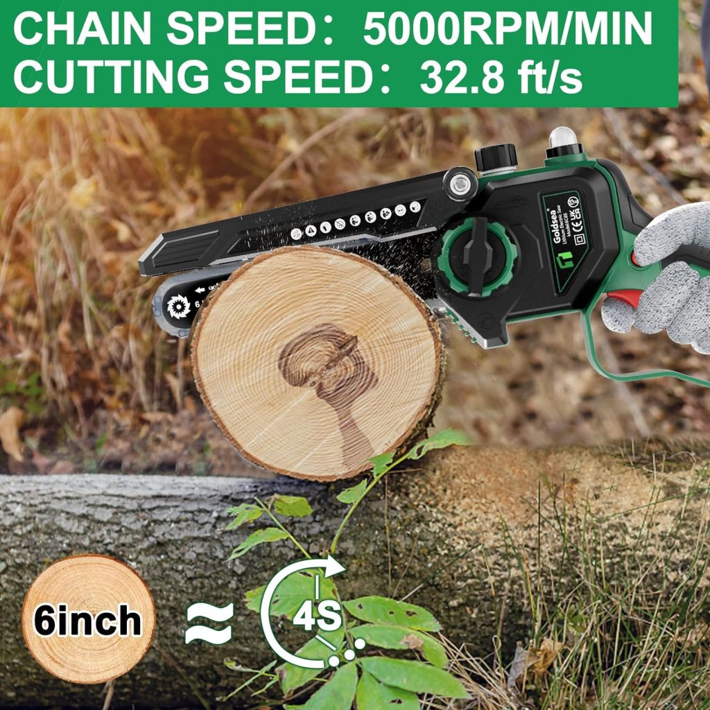 Mini Chainsaw Brushless, Goldsea 6-Inch Electric Cordless Chainsaw with 2 x 4000mAh Batteries, Auto-Oil System and Chain Tension Adjustment via Knob, Battery Chainsaw, Chain Saw for Cutting Trees