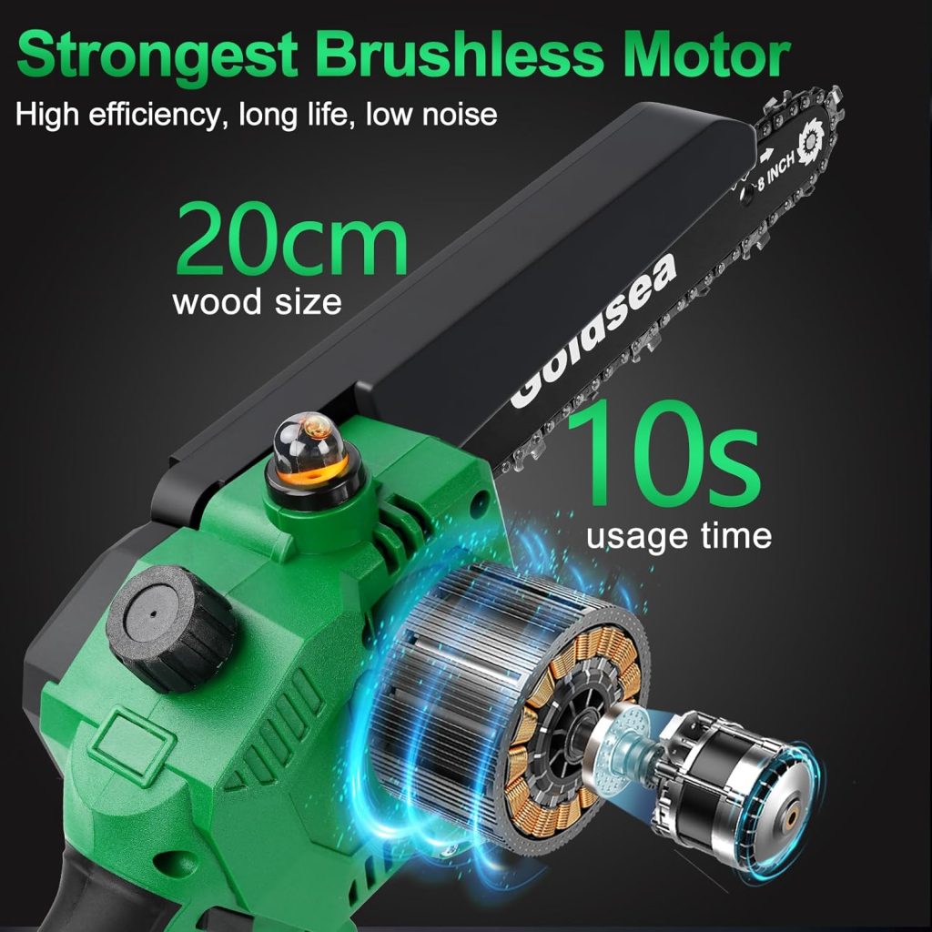 Mini Chainsaw Brushless, Goldsea 8-inch Mini Chainsaw Cordless Electric Chainsaw, with 2 x 4000 mAh Rechargeable Batteries, Battery Chainsaw Handheld for Pruning Trees and Branches Wood Cutting