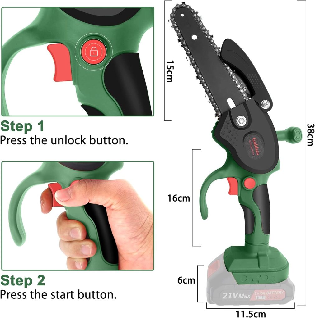 Mini Chainsaw, Electric Chainsaw, Goldsea 6-Inch Cordless Chainsaw with 2 * 2000 mAh Rechargeable Batteries and Charger Portable Battery Chain Saw for Cutting Trees and Branches Wood Cutting