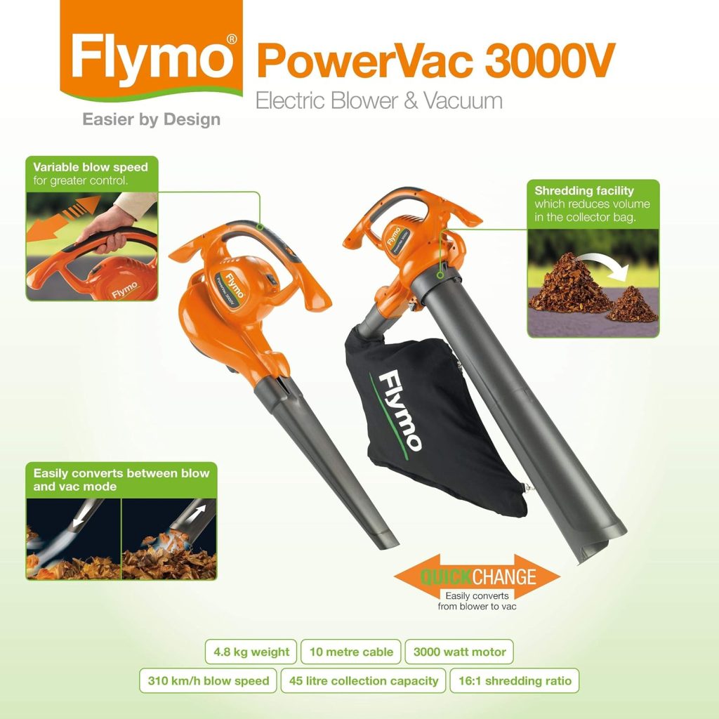 Flymo PowerVac 3000 3-in-1 Electric Garden Blower Vac, 3000 W