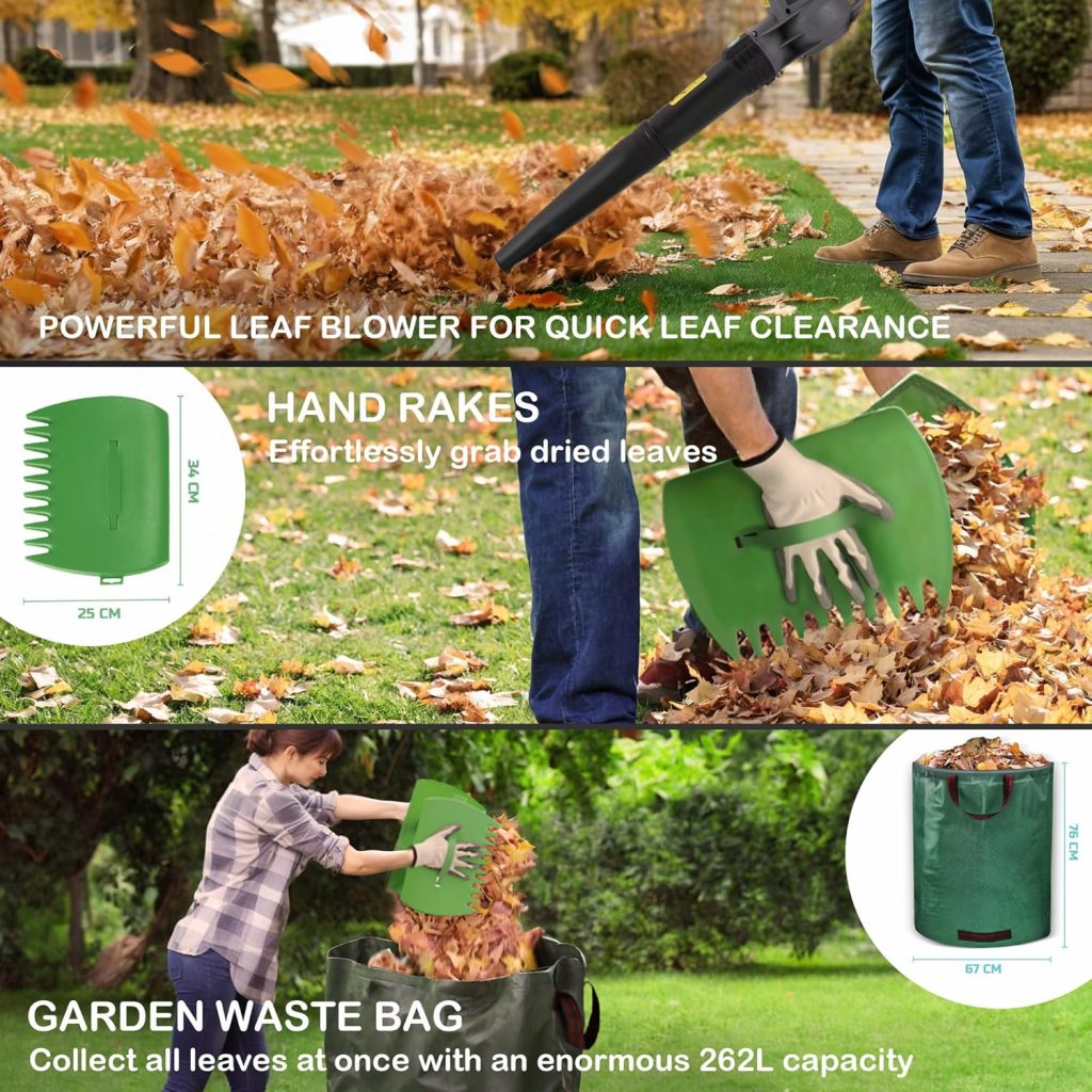 Leaf Blower Set by Bluemars - Powerful 3000W, 8m Corded Garden Blower with Garden Leaf Grabbers  Heavy Duty Garden Waste Bags with Handles (262L)