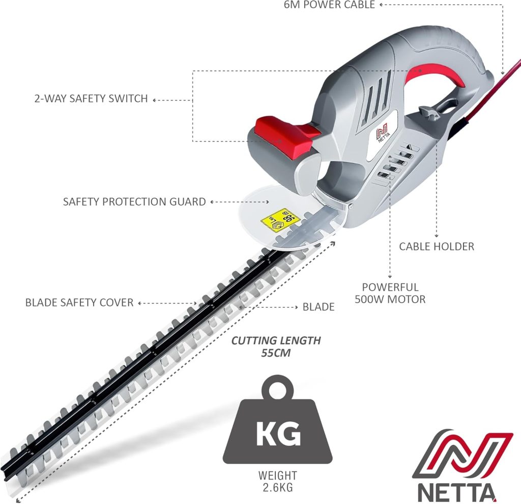 NETTA Hedge Trimmer and Cutter - 500W - 500mm Diamond Cutting Blade - 16mm Tooth Opening - 6M Power Cable - Ultra-Light 2.6kg - Two-Way Safety Switch - Soft Grip Handle