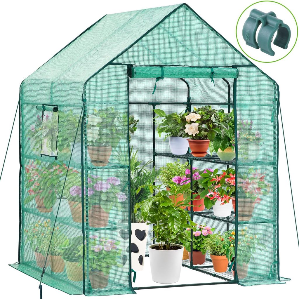 Ohuhu Greenhouse for Outdoors with Observation Windows, Walk-in Plant Green House with Heavy Duty PE Cover, 3 Tiers 12 Shelves Plastic Greenhouse with Ground Pegs  Ropes for Stability 143x143x195 cm