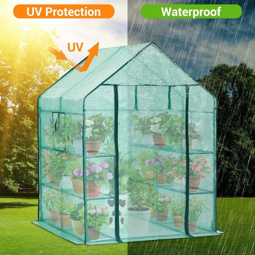 Ohuhu Greenhouse for Outdoors with Observation Windows, Walk-in Plant Green House with Heavy Duty PE Cover, 3 Tiers 12 Shelves Plastic Greenhouse with Ground Pegs  Ropes for Stability 143x143x195 cm