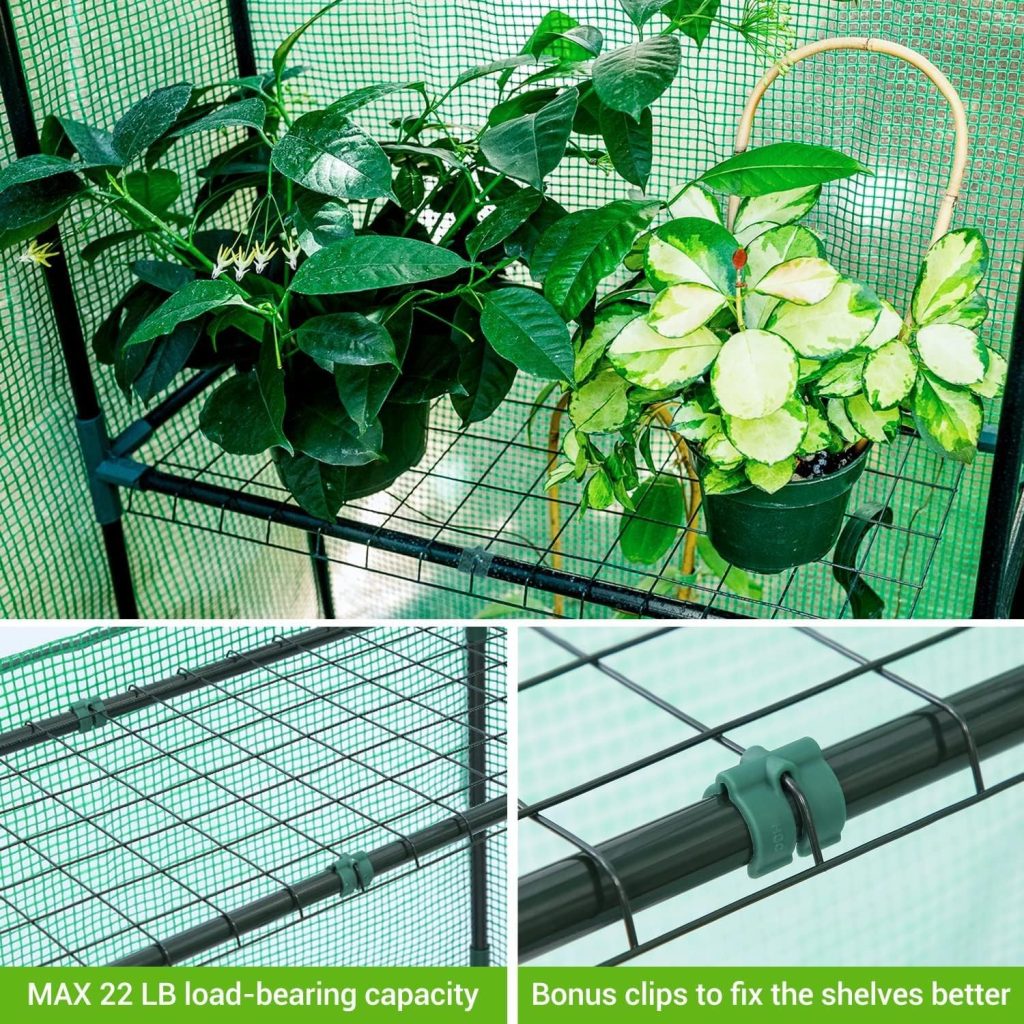 Ohuhu Greenhouse for Outdoors with Observation Windows, Walk-in Plant Green House with Heavy Duty PE Cover, 3 Tiers 12 Shelves Plastic Greenhouse with Ground Pegs  Ropes for Stability 143x143x195 cm