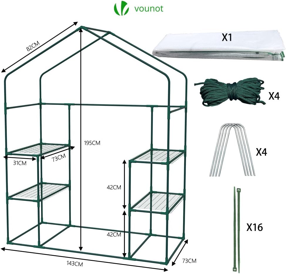 VOUNOT Walk In Greenhouse with Shelves, Roll up Zip Panel Door Garden Plastic Polytunnels Grow House for Outdoor Use, White 143x143x195cm