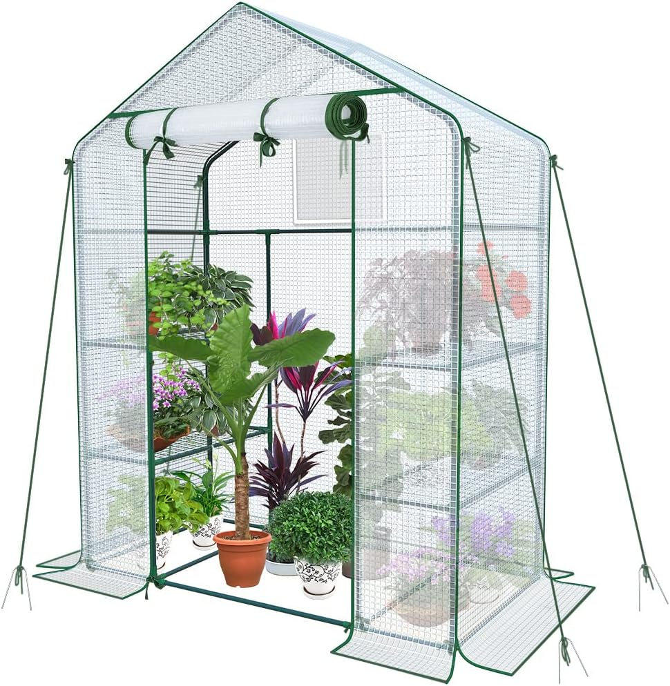 VOUNOT Walk In Greenhouse with Shelves, Roll up Zip Panel Door Garden Plastic Polytunnels Grow House for Outdoor Use, White 143x143x195cm