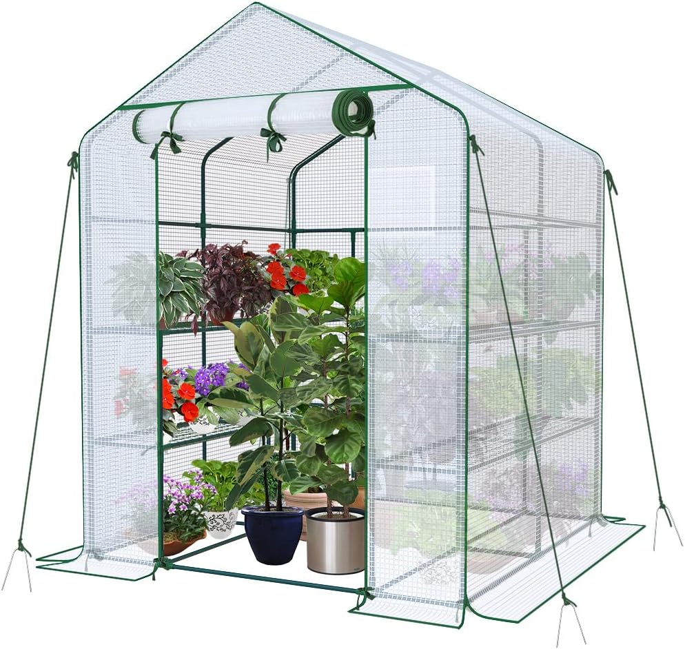 VOUNOT Walk In Greenhouse with Shelves, Roll up Zip Panel Door Garden Plastic Polytunnels Grow House for Outdoor Use, White 143x143x195cm