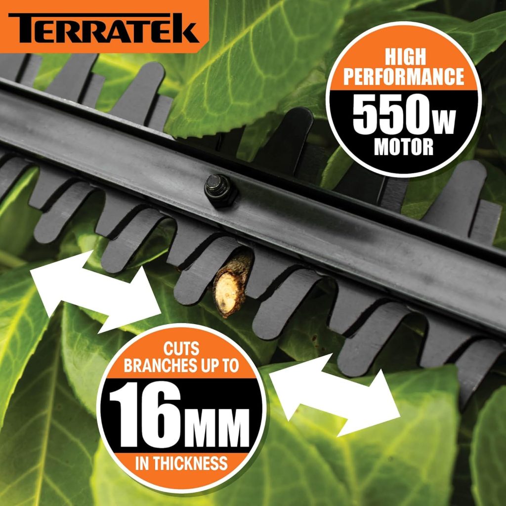 Terratek Corded Extendable Pole Hedge Trimmer 550W 2.5M Telescopic Hedge Trimmer Long Reach Hedge Cutter with 4 Positions, 10m Cable and Shoulder Strap Included