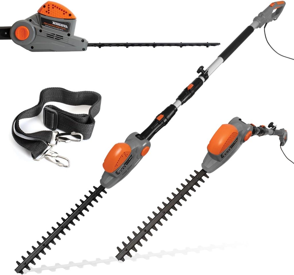 Terratek Corded Extendable Pole Hedge Trimmer 550W 2.5M Telescopic Hedge Trimmer Long Reach Hedge Cutter with 4 Positions, 10m Cable and Shoulder Strap Included