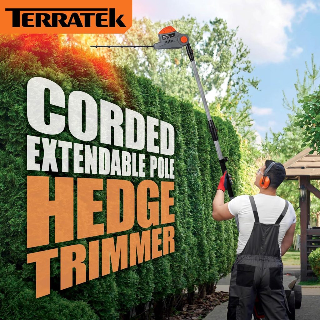 Terratek Corded Extendable Pole Hedge Trimmer 550W 2.5M Telescopic Hedge Trimmer Long Reach Hedge Cutter with 4 Positions, 10m Cable and Shoulder Strap Included