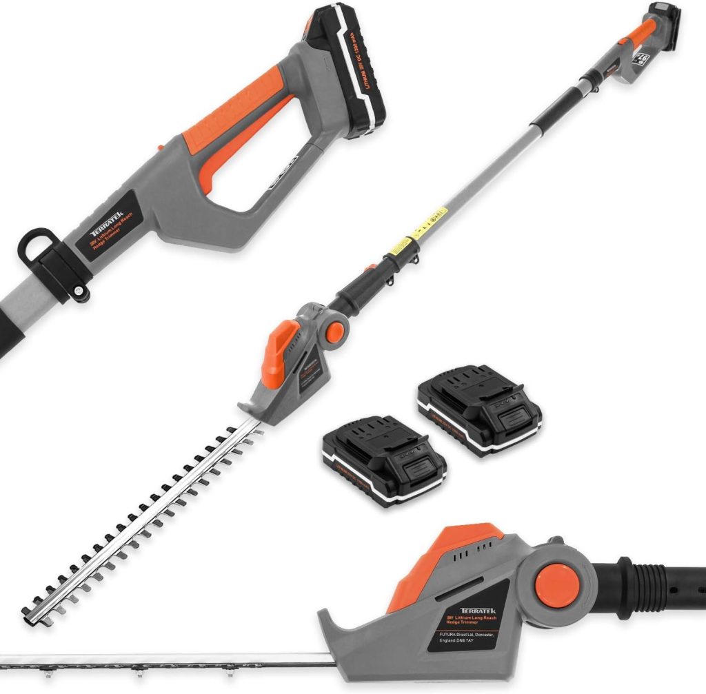 Terratek Cordless Hedge Trimmer Long Reach 20V 1HR Fast Charge, 2.4m Telescopic Hedge Trimmer Cordless Hedge Cutter with 2x Batteries, Shoulder Strap and Charger Included