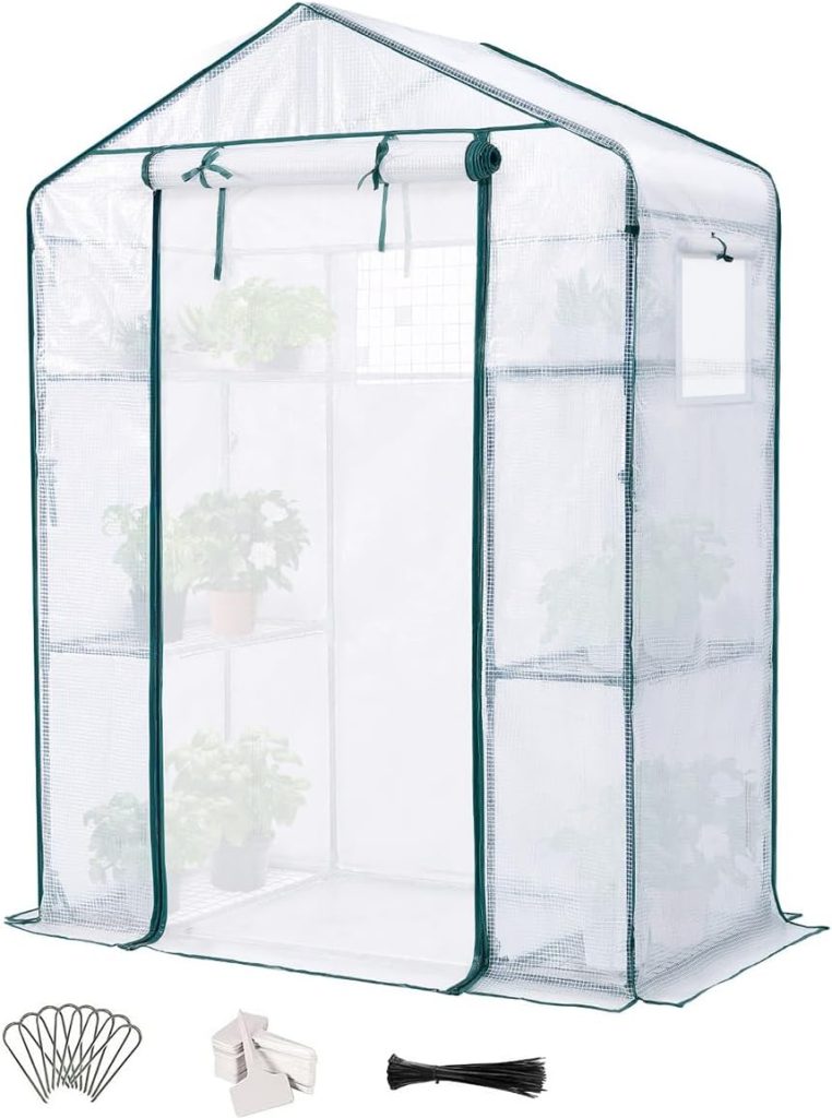 Quictent Mini Walk-in Greenhouse 3 Tiers 6 Shelves Plants Garden Green House for Indoor Outdoor ‎143 x 73 x 195 cm- 50 Pcs Plant T-Type Tags Include, White