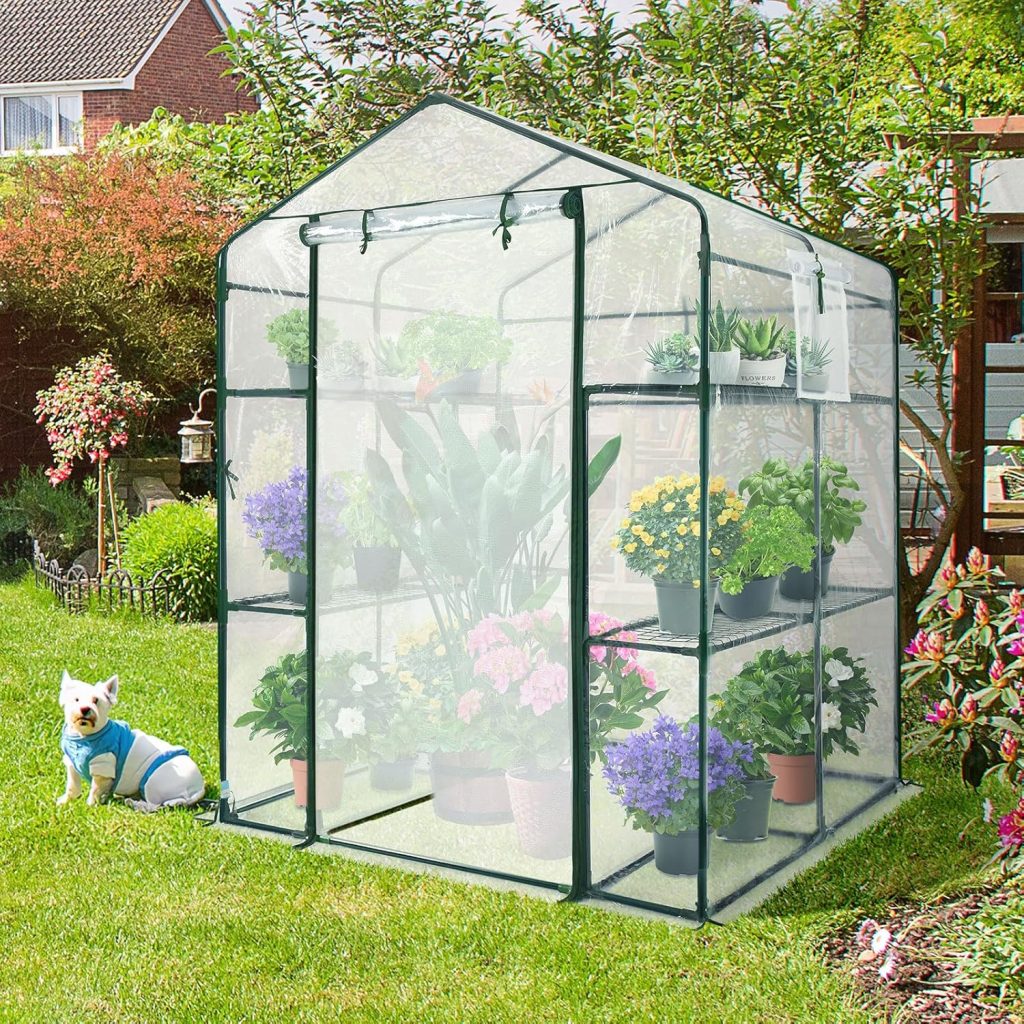 Quictent Walk-in Greenhouse, Mesh Door  Windows, 3 Tiers 12 Shelves Polytunnel, Mini Portable Indoor Outdoor Garden Plant Green House 143 x 143 x 195cm, Green