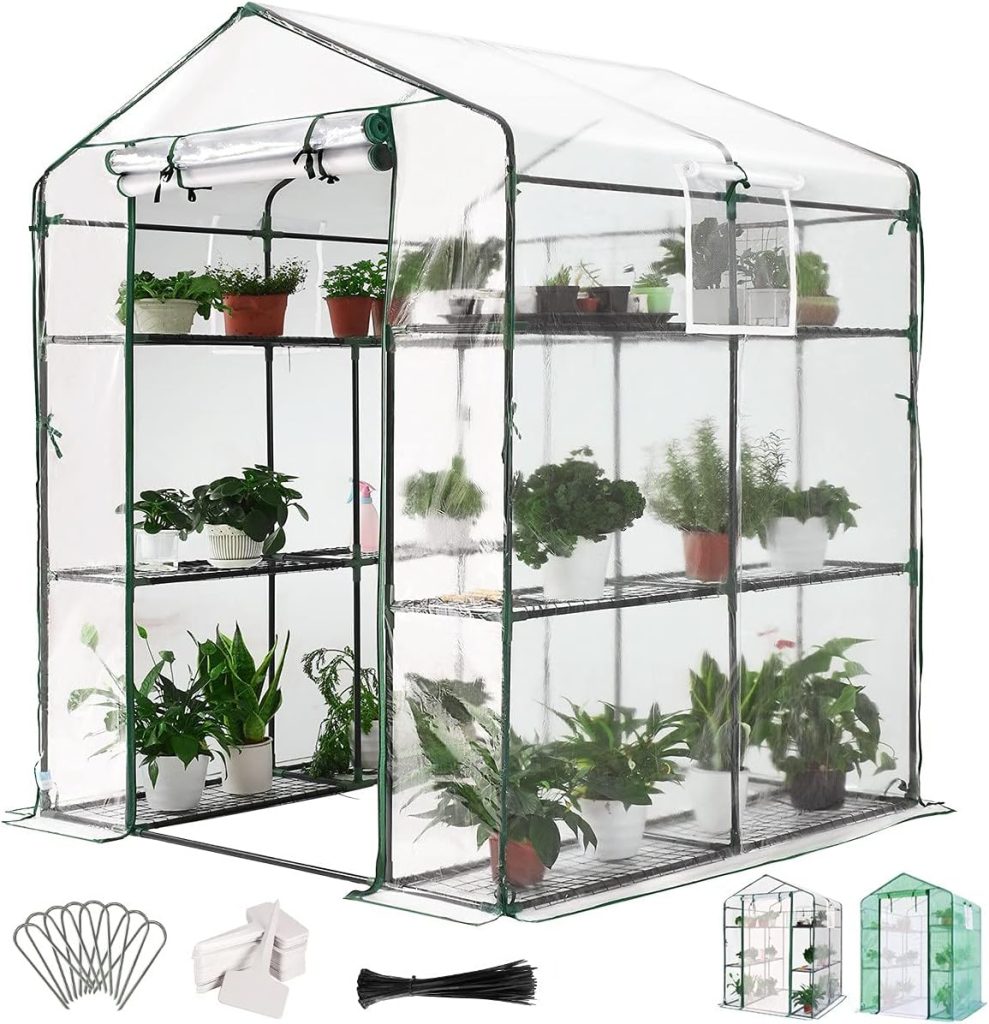 Quictent Walk-in Greenhouse, Mesh Door  Windows, 3 Tiers 12 Shelves Polytunnel, Mini Portable Indoor Outdoor Garden Plant Green House 143 x 143 x 195cm, Green