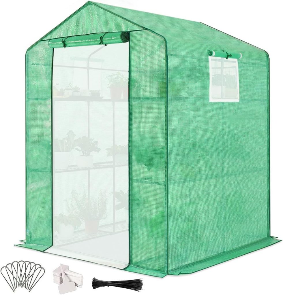 Quictent Walk-in Greenhouse, Mesh Door  Windows, 3 Tiers 12 Shelves Polytunnel, Mini Portable Indoor Outdoor Garden Plant Green House 143 x 143 x 195cm, Green