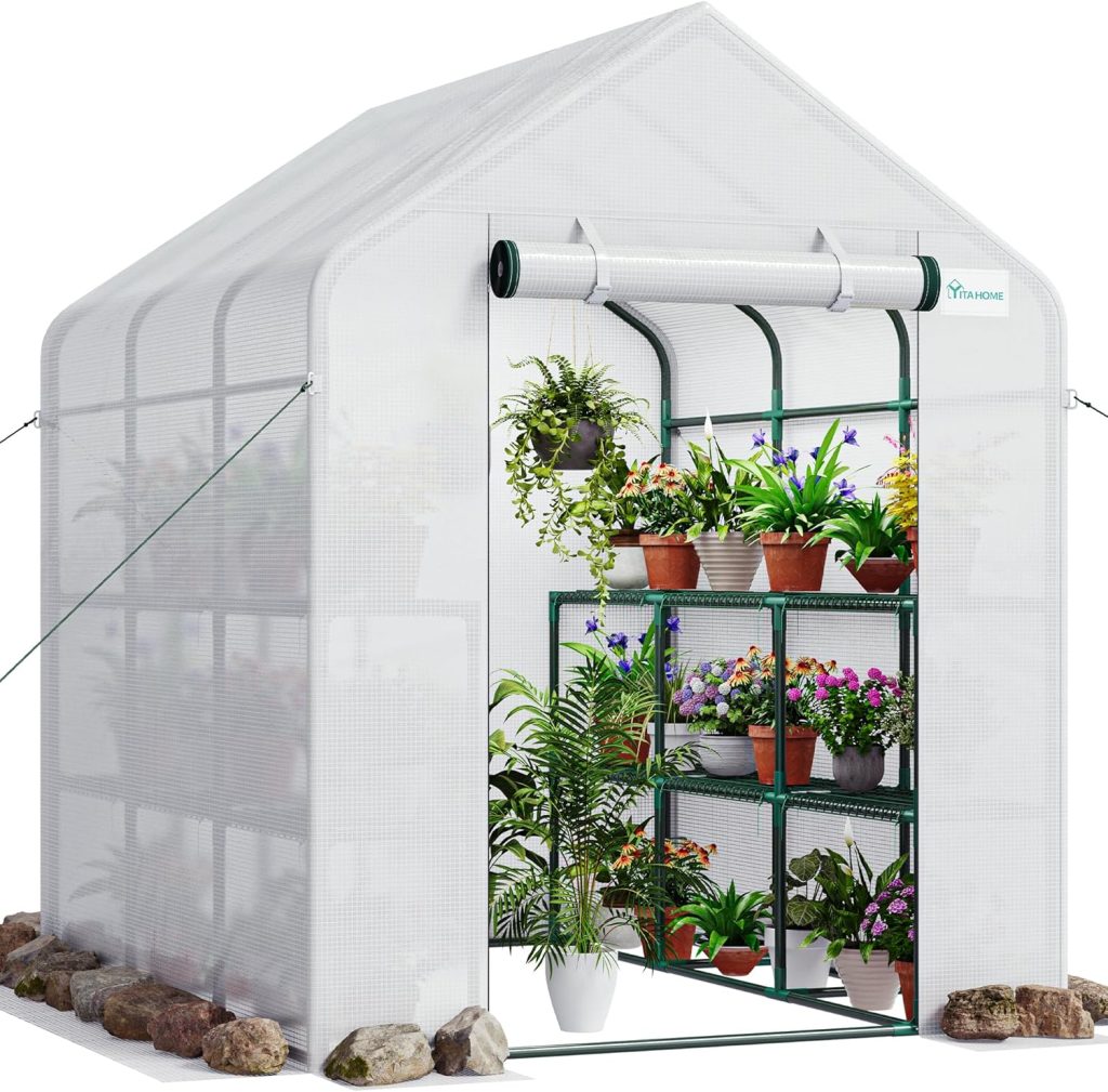 YITAHOME Garden Greenhouse XXL, 3 Tier 18 Shelves, PE Cover Zipper Door Green House Plant Cover, Weatherproof and UV Protection w/ Ground Nails Ropes for Garden Outdoor, 195x214x143cm, White