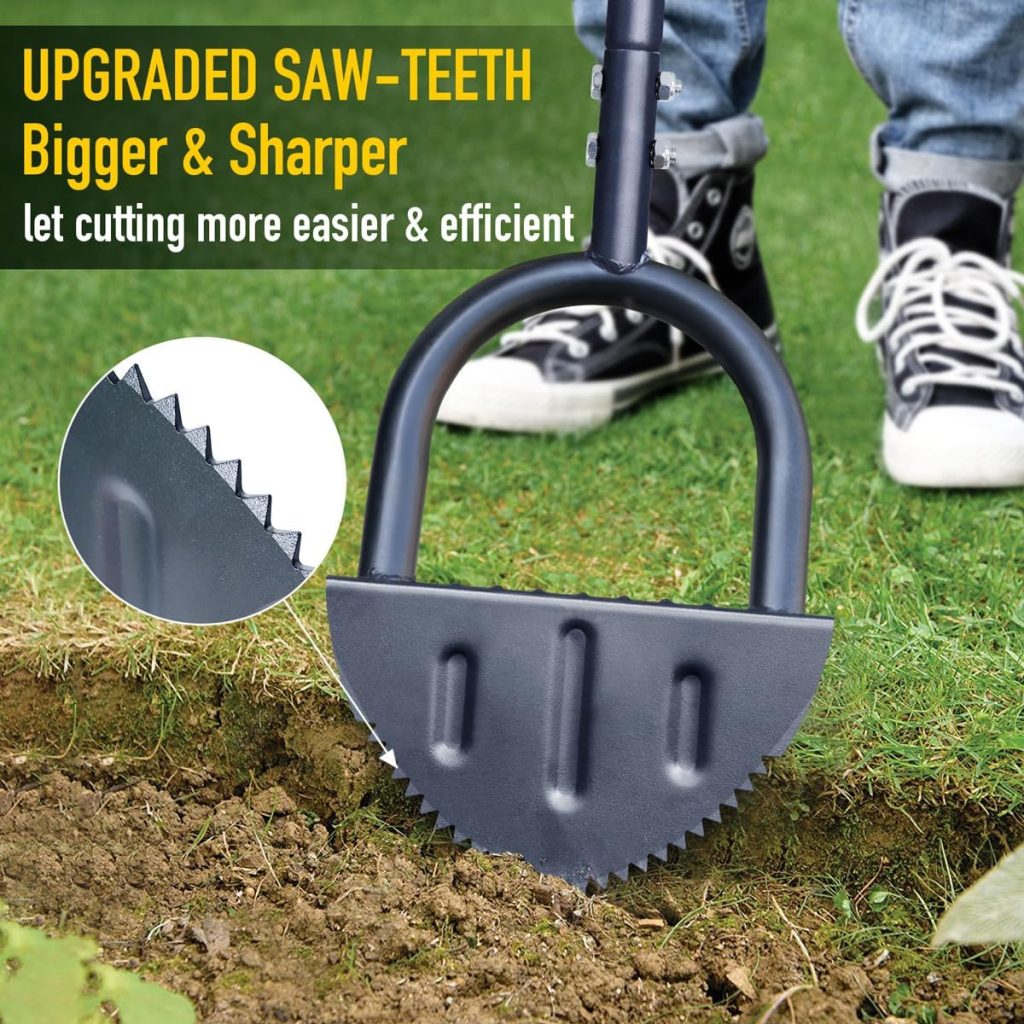 Colwelt Saw-Tooth Lawn Edging Tool 96cm, T-Grip Half Moon Lawn Edger, Long Handled Edging Knife for Grass Lawn Edging