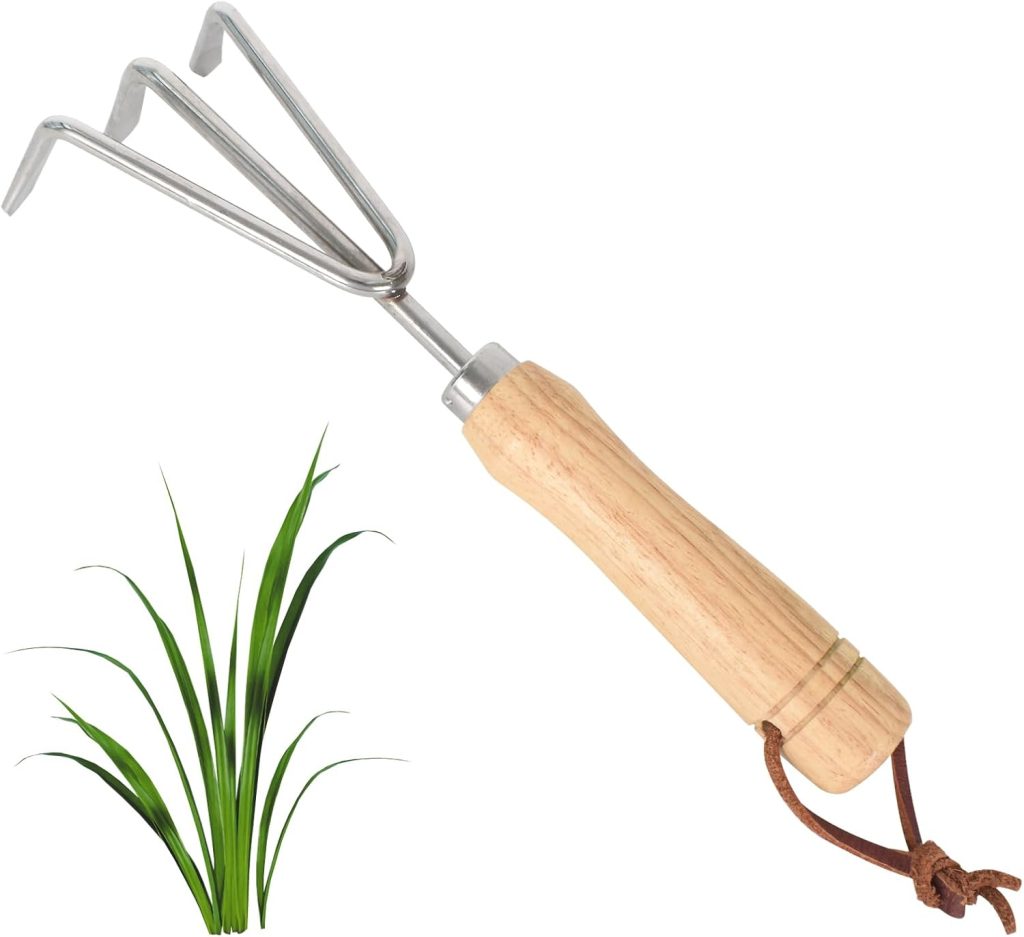 Hand Cultivator 3 Pronged, Stainless Steel Garden Hand Held Claw Rake, 3 Prong Garden Hoe, Three-Tined Garden Claw, Garden Hand Cultivator, Compact and Sturdy, Wooden Handle, 27 CM