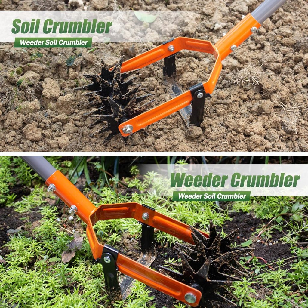 Walensee Rotary Cultivator Tool, Adjustable Garden Hand Tiller with Stainless Steel Pole, 2-in-1 Garden Weeder and Crumbler Soil Cultivator Tool for Soil Mixing or Reseeding Grass